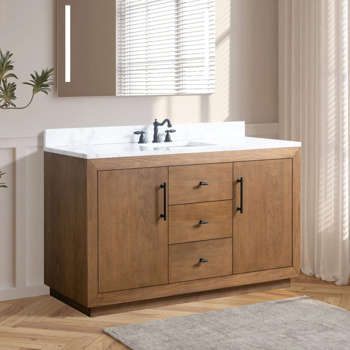 GLORIA- 60x22x34’’ Single Sink Bathroom Vanity in Tan with Arabescato White Top