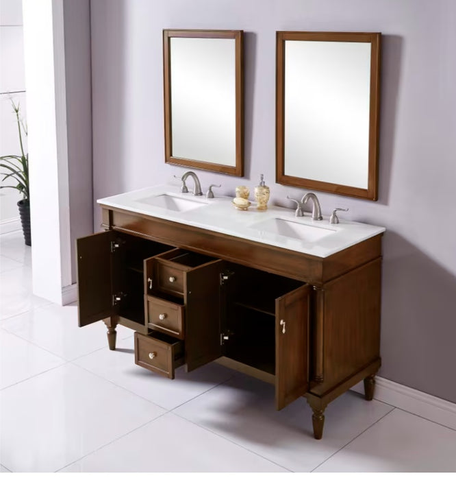 MODORA- 60" Double sink Walnut , Floor Standing Bathroom Vanity, Quartz Countertop