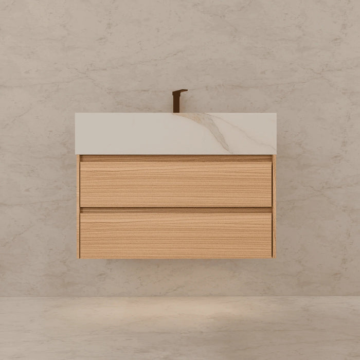 AQUA-32" NATURAL OAK Wall Mount Vanity with Sintered Stone Top - Construction Commodities Supply Inc.