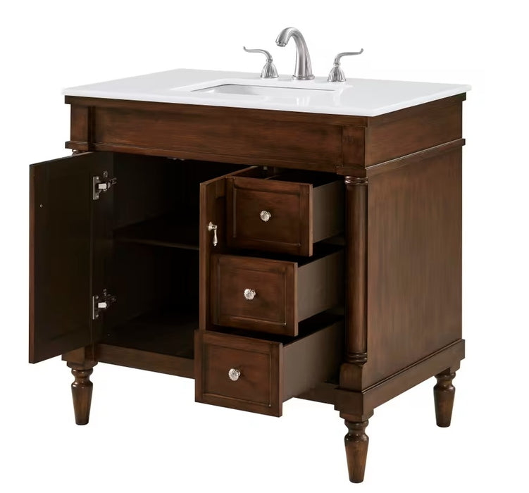 MODORA- 36" Walnut , Floor Standing Bathroom Vanity, Quartz Countertop