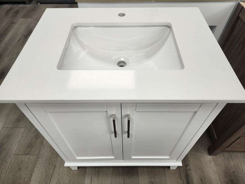 CCS501 - 30" White Floor Standing Modern Bathroom Vanity with White Quartz Countertop.