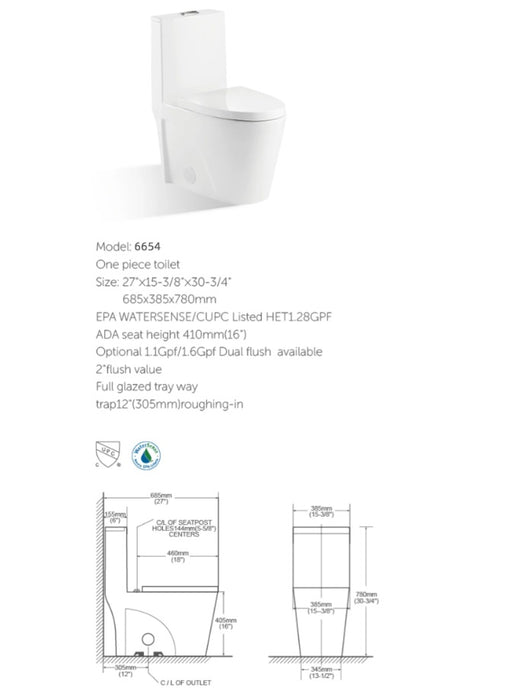 KODAEN 6654 , One-Piece Elongated Dual-Flush Toilet  ** PICK UP IN STORE ONLY**