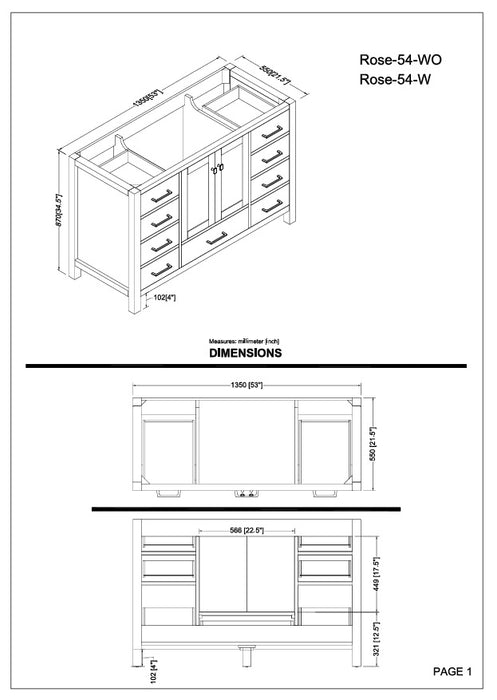 Rose- 54"  Antique Oak , Solid Wood Floor Standing Modern Bathroom Vanity, White Quartz Countertop