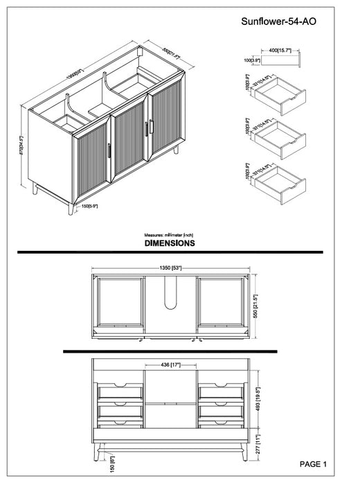 Sunflower - 54", Antique Oak , Solid Wood Floor Standing Bathroom Vanity, Quartz Countertop
