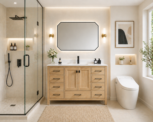 Rose- 54"  Antique Oak , Solid Wood Floor Standing Modern Bathroom Vanity, Quartz Countertop ( PRE-ORDER NOW , ETA: 2026-06-10) - Construction Commodities Supply Inc.