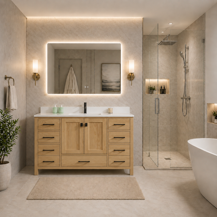 Rose- 54"  Natural Oak , Solid Wood Floor Standing Modern Bathroom Vanity, Quartz Countertop