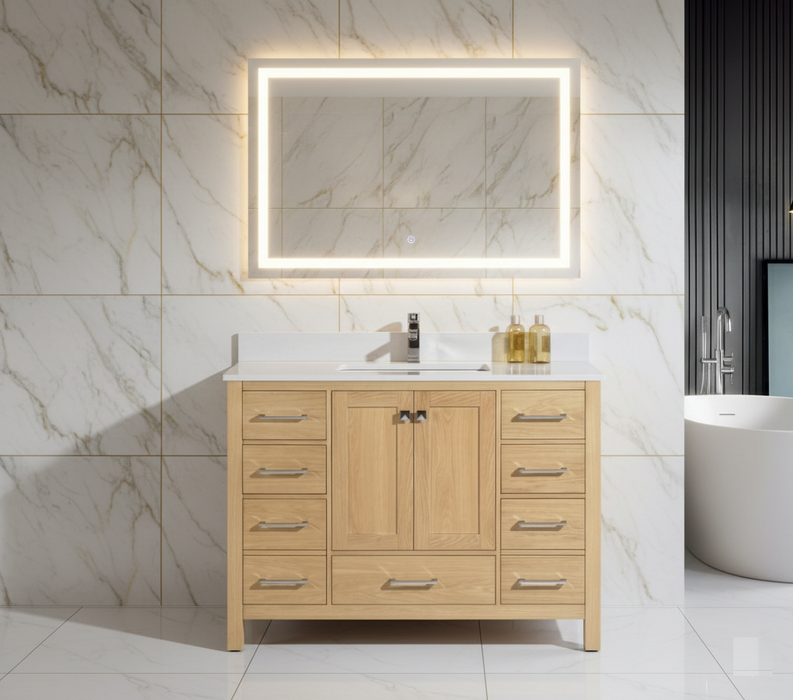 Rose- 54" Golden Oak , Solid Wood Floor Standing Modern Bathroom Vanity, White Quartz Countertop *** CLEARANCE SALE ***