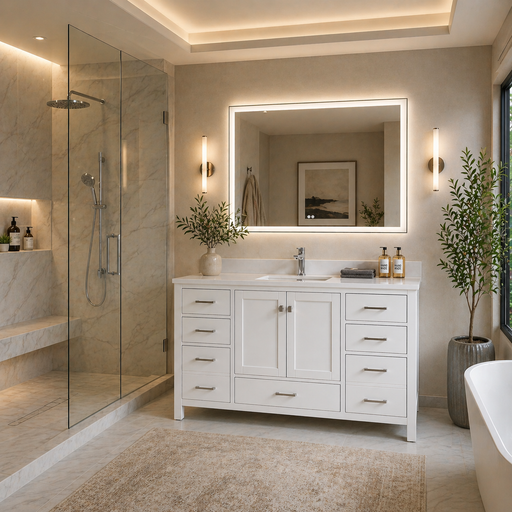 Rose- 54" White , Solid Wood Modern Bathroom Vanity, White Quartz Countertop - Construction Commodities Supply Inc.