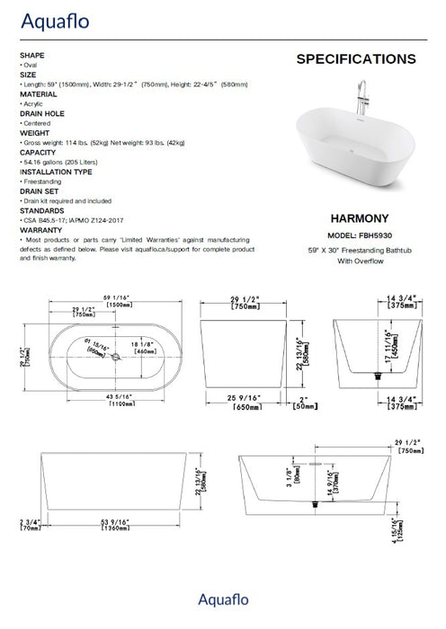 Aquaflo Harmony -59" Freestanding Bathtub