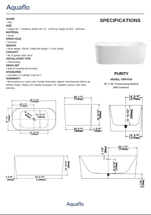 Aquaflo Purity -59" Freestanding Bathtub