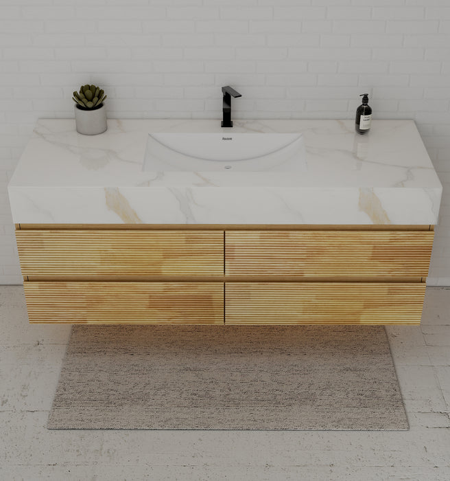 AQUA - 60" Single sink Natural Oak Wall Mount Vanity with Sintered Stone Top