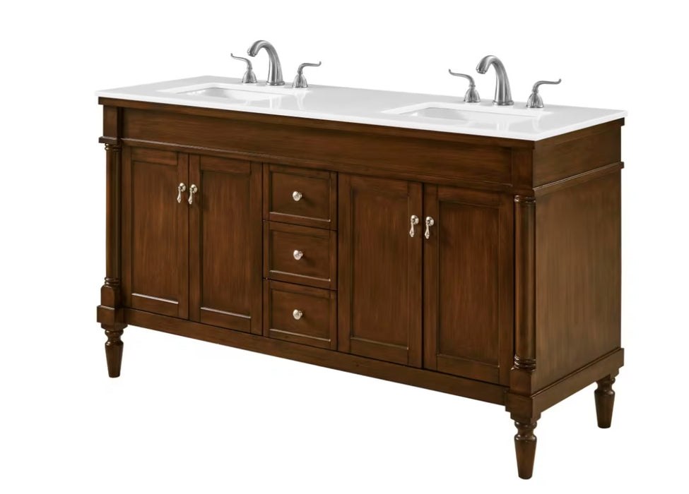 MODORA- 60" Double sink Walnut , Floor Standing Bathroom Vanity, Quartz Countertop