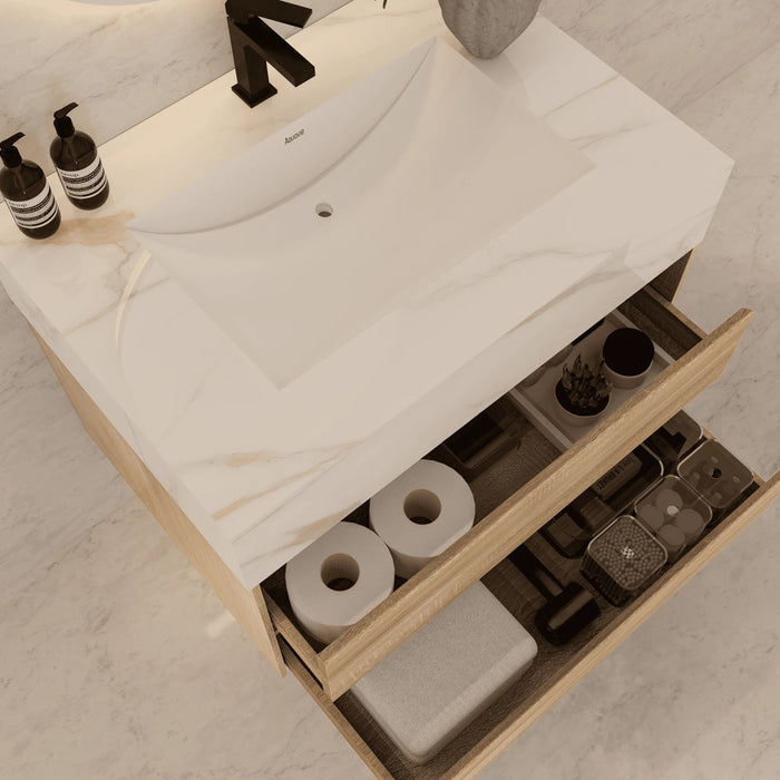 AQUA-32" LIGHT OAK Wall Mount Vanity with Sintered Stone Top - Construction Commodities Supply Inc.