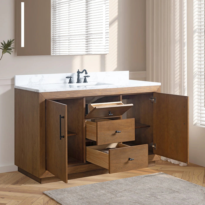GLORIA- 60x22x34’’ Single Sink Bathroom Vanity in Tan with Arabescato White Top
