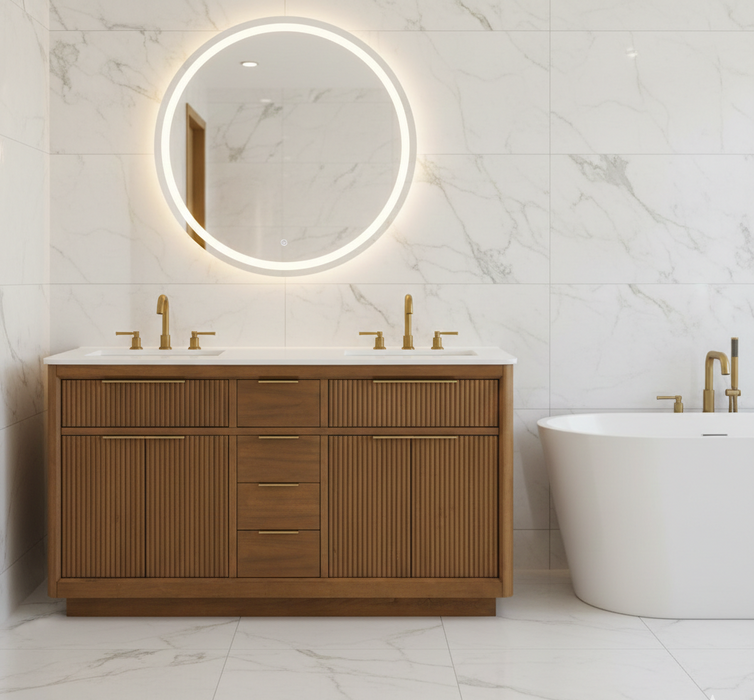 XANDER - 60" Double Sink, WALNUT Solid wood  Bathroom Vanity with White Quartz top