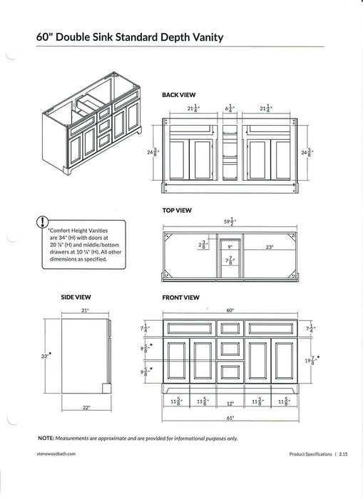 StoneWood - 60" Double Sink Solid Wood Canadian Made Bathroom Vanity with Quartz Countertop (Available in 10 Colors ) - Construction Commodities Supply Inc.