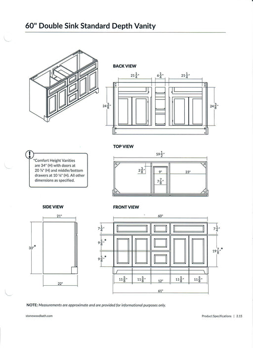 StoneWood - 60" Double Sink Solid Wood Canadian Made Bathroom Vanity with Quartz Countertop (Available in 10 Colors ) - Construction Commodities Supply Inc.