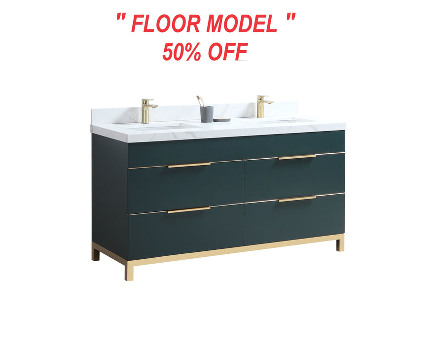 CCS401 - 60" Dark Green, Double Sink,Floor Standing Modern Bathroom Vanity, Calcatta Quartz Countertop, Brushed Gold Hardware***FLOOR MODEL***