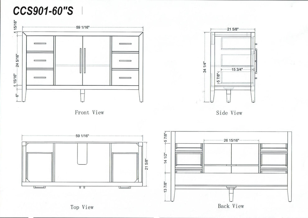 CCS901 - 60",Single Sink, White , Floor Standing Modern Bathroom Vanity, White Quartz Countertop, Matt Black Hardware