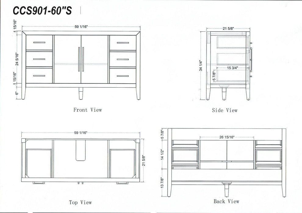 CCS901 - 60",Single Sink, White Oak , Floor Standing Modern Bathroom Vanity, White Quartz Countertop, Matt Black Hardware