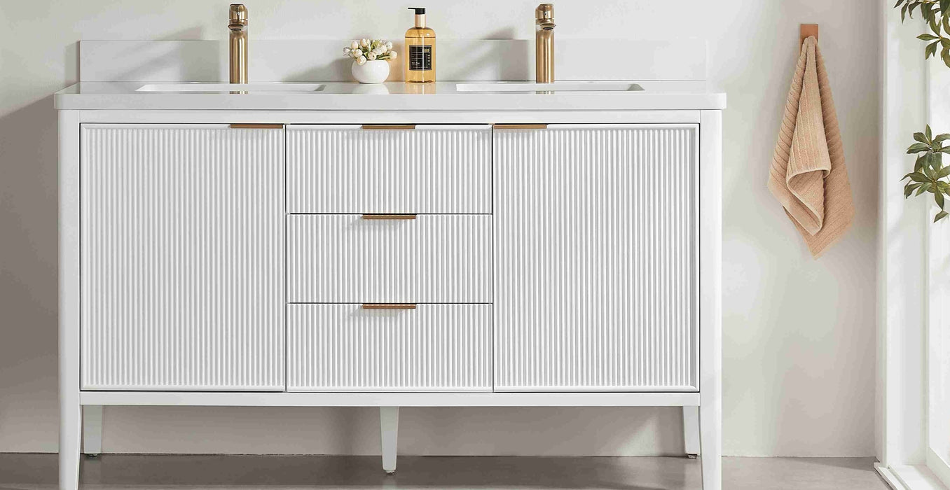 Aster - 60" Double Sink White , Solid Wood Floor Standing Modern Bathroom Vanity with White Quartz Top