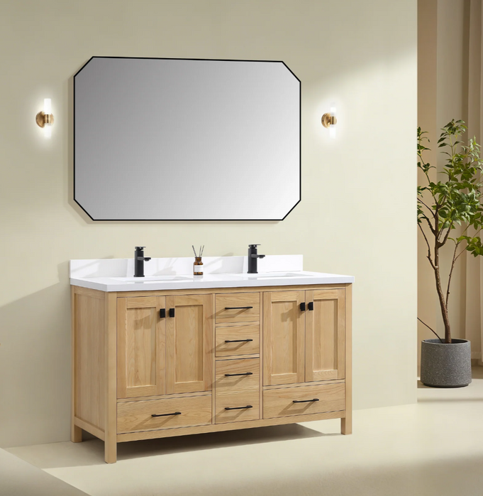 Rose- 60" Antique Oak ,Double Sink, Solid Wood Floor Standing Modern Bathroom Vanity, White Quartz Countertop