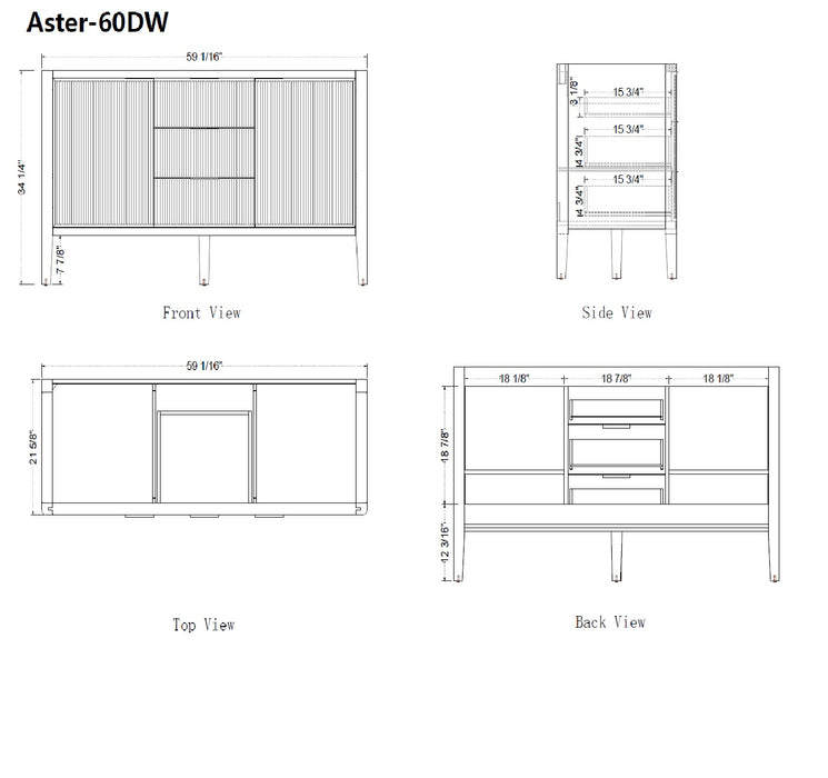 Aster - 60" Double Sink White , Solid Wood Floor Standing Modern Bathroom Vanity with White Quartz Top