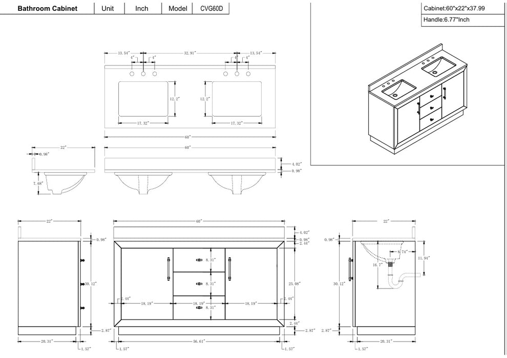 GLORIA- 60x22x34’’ Double Sink Bathroom Vanity in Tan with Black Limestone Top