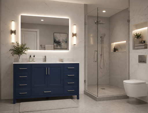 ROSE - 60" SINGLE SINK Navy Blue, Solid Wood Floor Standing Bathroom Vanity , Quartz Countertop - Construction Commodities Supply Inc.