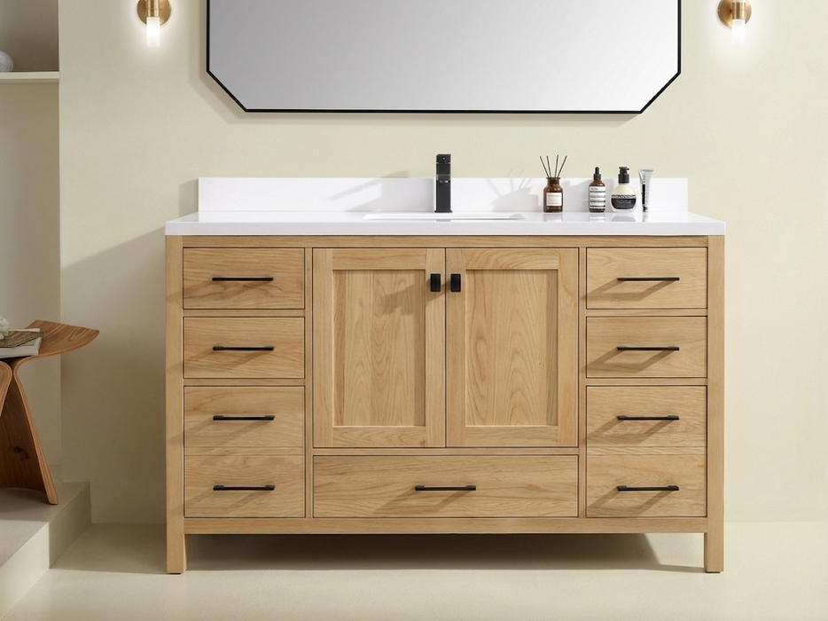 Rose- 60" Natural Oak ,Solid Wood Single Sink Floor Standing Modern Bathroom Vanity, Quartz Countertop