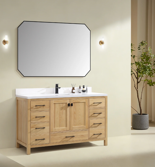 Rose- 60" Natural Oak ,Solid Wood Single Sink Floor Standing Modern Bathroom Vanity, Quartz Countertop