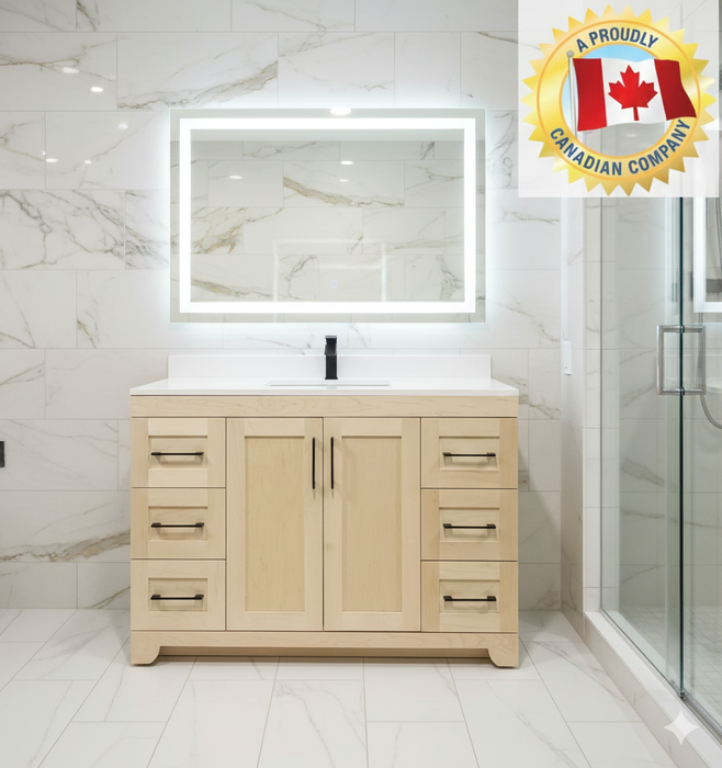 CANADIAN MAPLE 60" Single Sink, Natural Stain Bathroom Vanity With Quartz Countertop.
