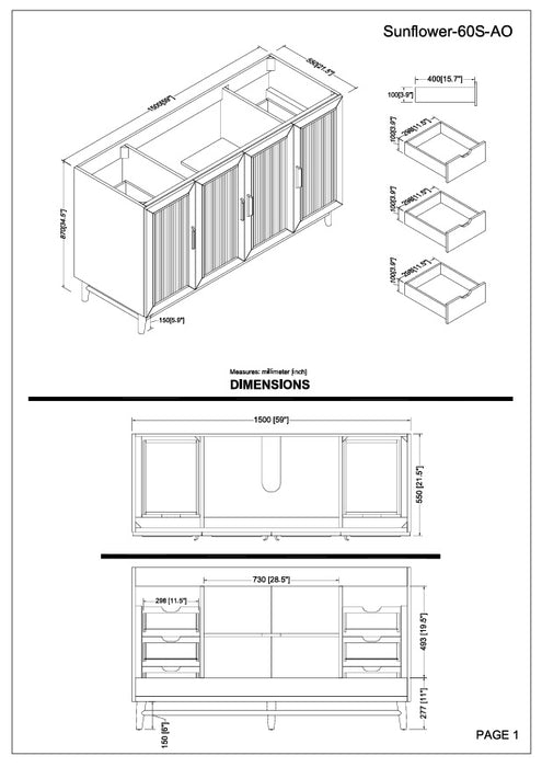 Sunflower - 60" Single Sink, Antique Oak ,Solid Wood Floor Standing Bathroom Vanity, Quartz Countertop