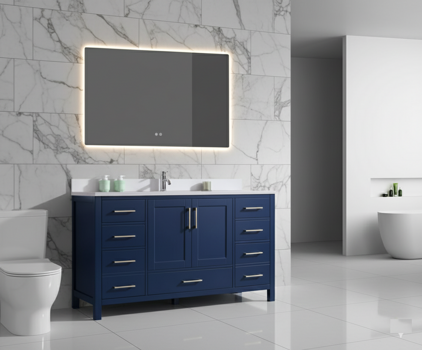 ROSE - 60" SINGLE SINK Navy Blue, Solid Wood Floor Standing Bathroom Vanity , Quartz Countertop