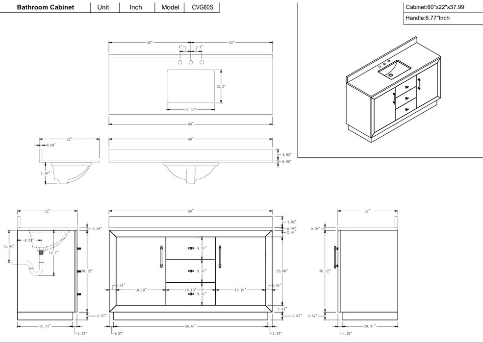 GLORIA- 60x22x34’’ Single Sink Bathroom Vanity in Tan with Arabescato White Top