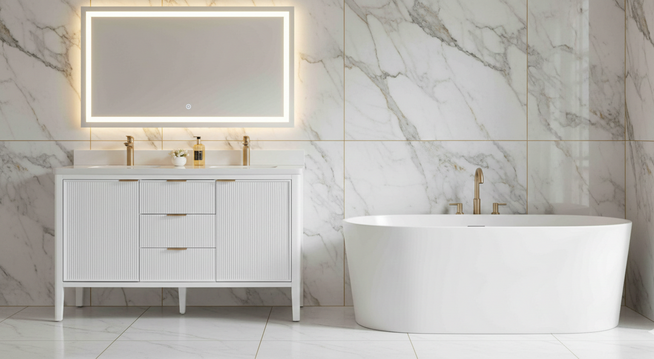 Aster - 60" Double Sink White , Solid Wood Floor Standing Modern Bathroom Vanity with White Quartz Top