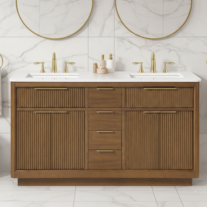 XANDER - 60" Double Sink, WALNUT Solid wood  Bathroom Vanity with White Quartz top