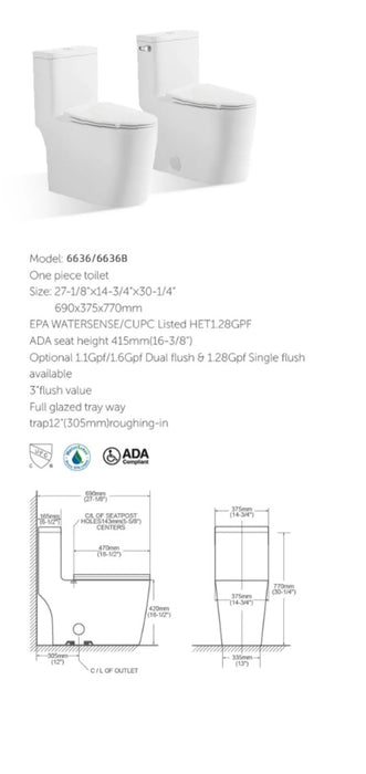 KODAEN 6636 , One-Piece Elongated Dual-Flush Toilet  ** PICK UP IN STORE ONLY**