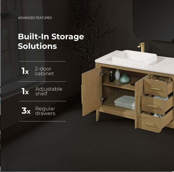 WINDSOR  - 48" BROWN OAK Solid wood Bathroom Vanity with White quartz top & overmount sink.