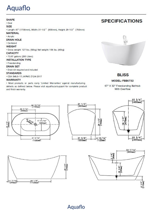 Aquaflo Bliss - 67" Freestanding Bathtub