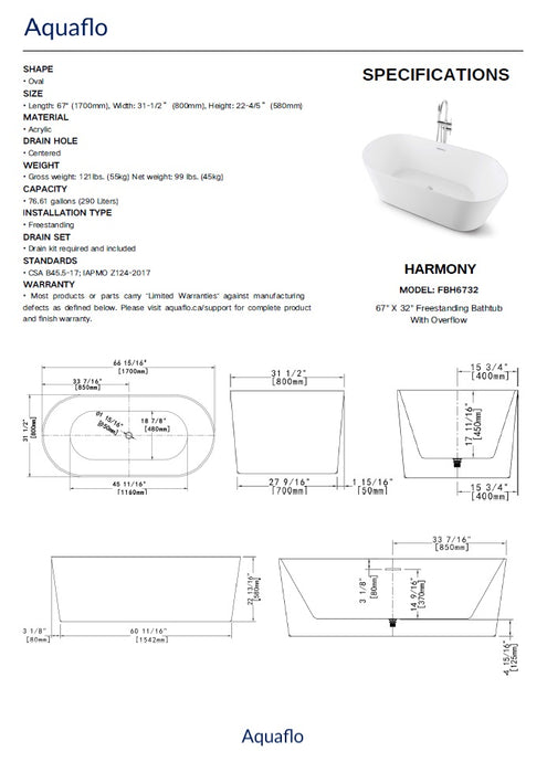 Aquaflo Harmony -67" Freestanding Bathtub