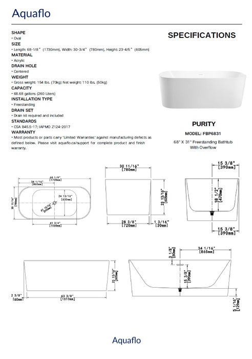 Aquaflo Purity -68" Freestanding Bathtub