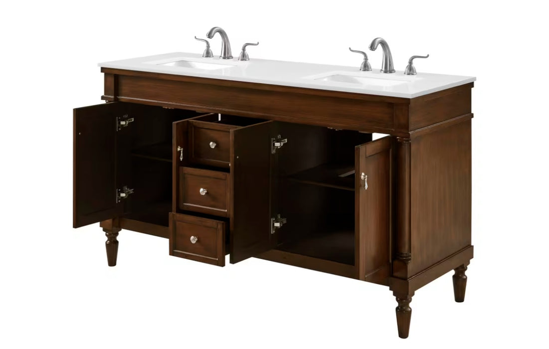 MODORA- 60" Double sink Walnut , Floor Standing Bathroom Vanity, Quartz Countertop
