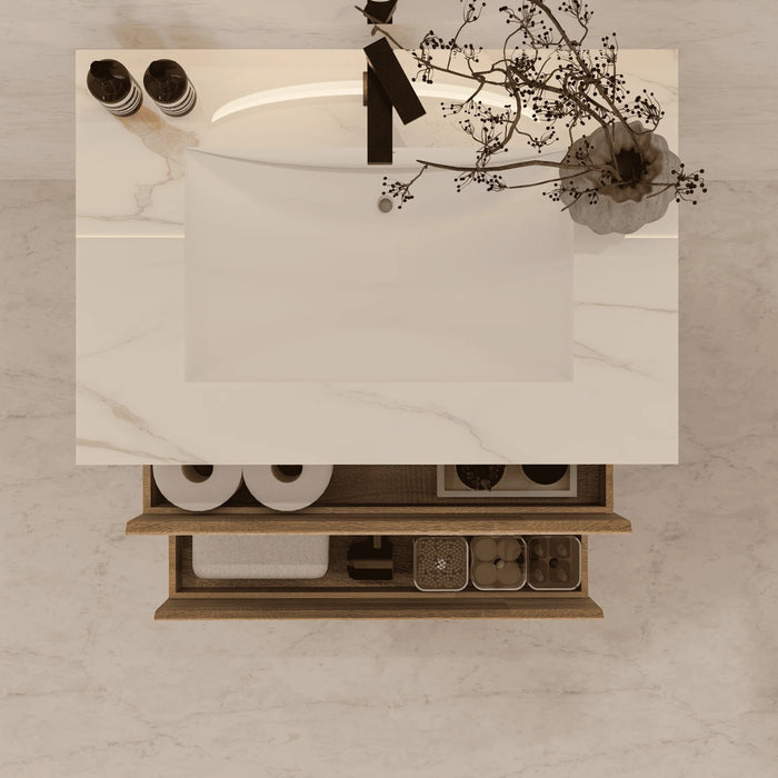 AQUA-32" LIGHT OAK Wall Mount Vanity with Sintered Stone Top - Construction Commodities Supply Inc.