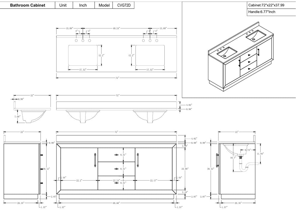 GLORIA- 72x22x34’’ Double Sink Bathroom Vanity in Tan with Arabescato White Top