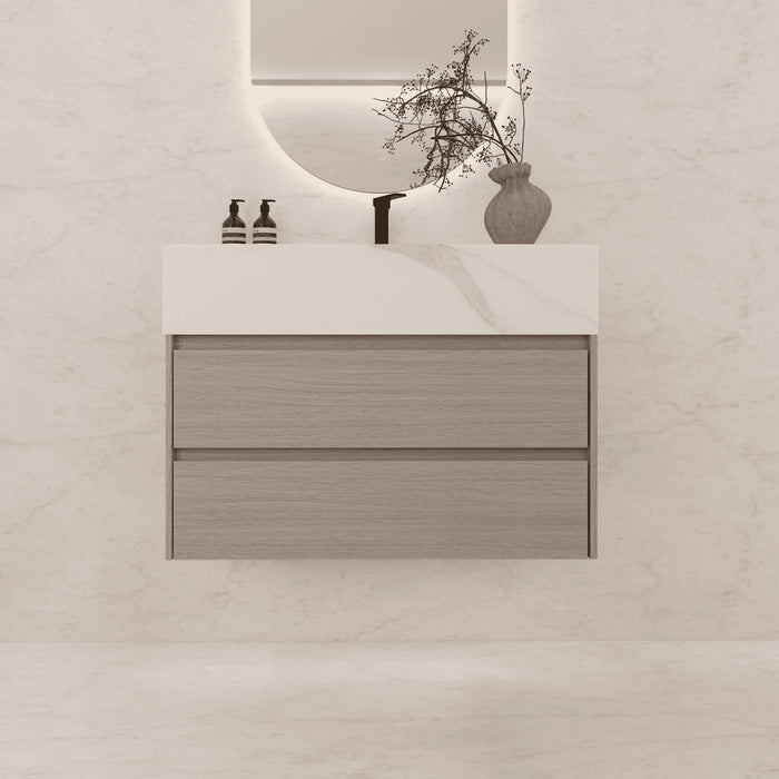 AQUA-32" LIGHT GREY OAK Wall Mount Vanity with Sintered Stone Top - Construction Commodities Supply Inc.