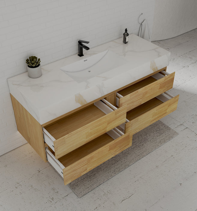 AQUA - 60" Single sink Natural Oak Wall Mount Vanity with Sintered Stone Top