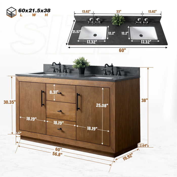 GLORIA- 60x22x34’’ Double Sink Bathroom Vanity in Tan with Black Limestone Top