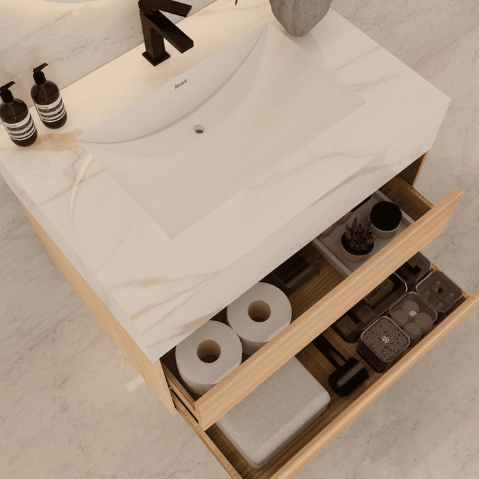 AQUA-32" NATURAL OAK Wall Mount Vanity with Sintered Stone Top - Construction Commodities Supply Inc.