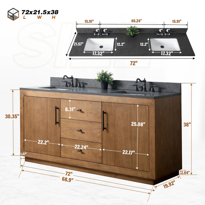 GLORIA- 72x22x34’’ Double Sink Bathroom Vanity in Tan withBlack Limestone Top